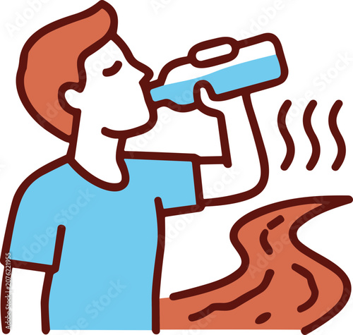 Tableau sur toile Man drinking water from bottle, feeling hot, dehydration relief, summer heat, th