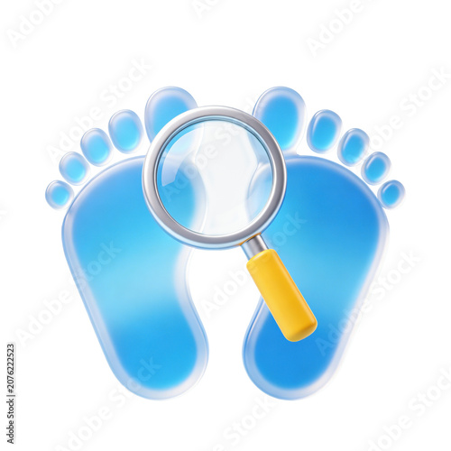 Transparent Blue Footprint Silhouette 3D Icon with Yellow Handle Magnifying Glass Over Foot Mark, Investigation Tracking Concept