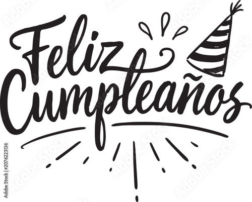 Elegant black script lettering for Feliz Cumpleaños surrounded by sprinkles and a party hat