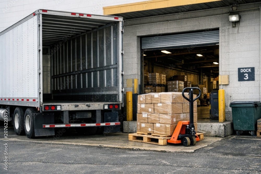 Naklejka premium A truck is parked outside a warehouse, ready for unloading or loading