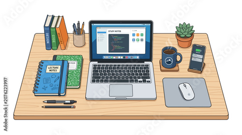 Photos Office workspace, desk with laptop, computer accessories, stationery, modern ill