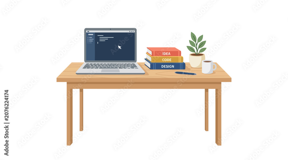 Fototapeta premium Home office workspace, minimalist desk setup, laptop and books, modern study area, wooden table