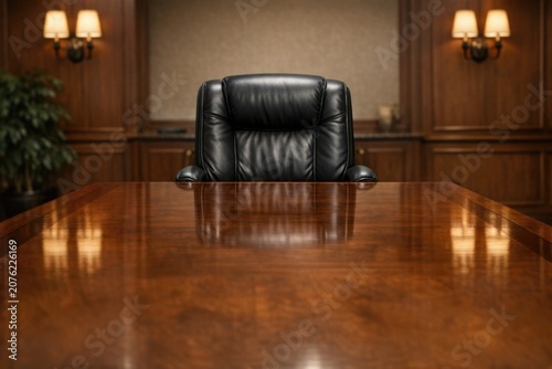 A wooden table with a single black leather chair