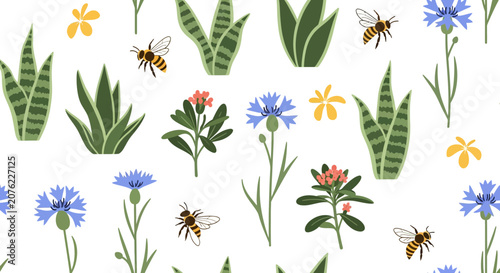 Colorful flowers and bees in nature illustration.