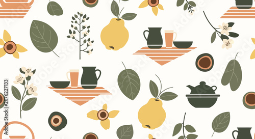 Colorful Kitchen Utensils and Fresh Fruits Pattern Design.