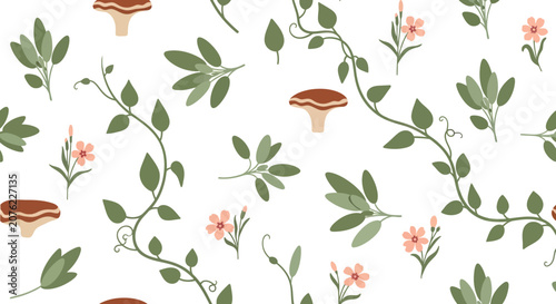 Whimsical floral and mushroom pattern design.