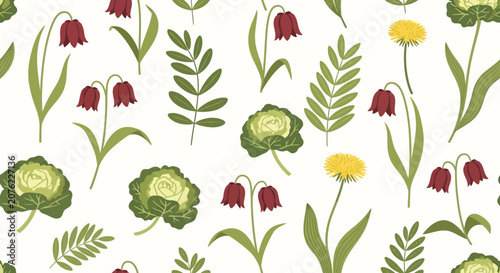 Colorful botanical illustration with flowers and leaves.