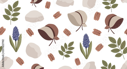 Vintage hats flowers leaves and stones pattern design.