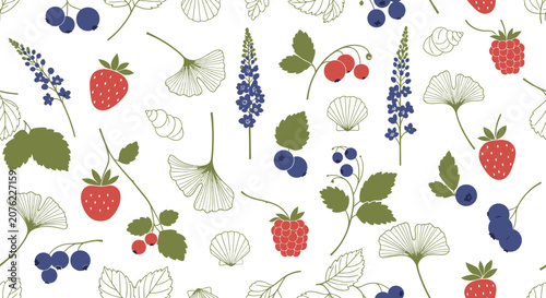 Colorful botanical illustration with berries and leaves.