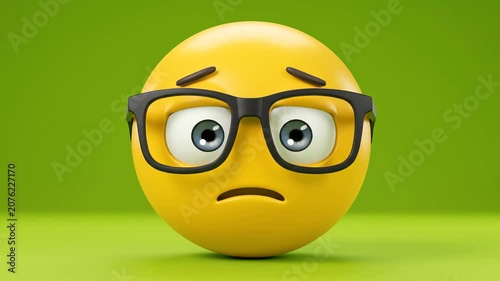 Sad 3D Emoji Character Wearing Glasses on Green Background