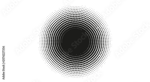 Abstract black circular halftone pattern with gradient dots.