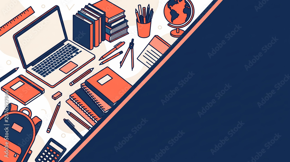 Obraz premium E-learning workspace background with laptop school supplies and copy space