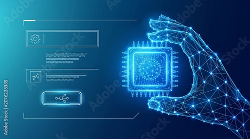 Obraz na płótnie Futuristic digital hand holding central processing unit microchip over abstract interface elements for hardware technology concept with processor technology hardware computing interface