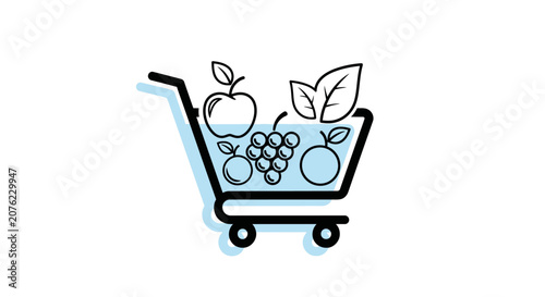 Shopping cart filled with fresh fruits and vegetables icon in minimalistic style.