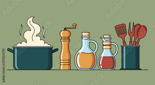 Konstfotografi Kitchen cooking tools vector illustration design featuring a steaming pot pepper