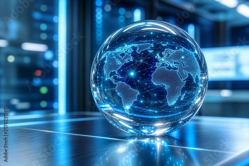 Futuristic Glowing Digital Glass Globe with Network Constellation and World Map in Modern High-Tech Server Room Data Center Background