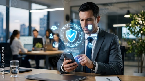 Businessman presenting cybersecurity shield interface at trade show, data protection and secure technology concept