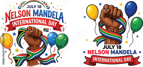 Obraz na płótnie Nelson mandela international day celebration with fists and balloons