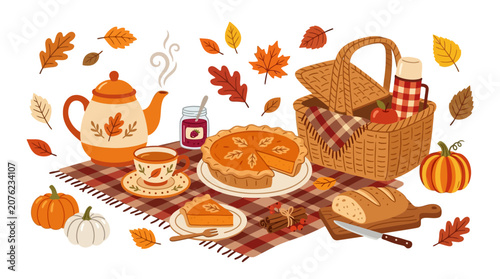 Autumn picnic scene with food and drink on a blanket outdoors