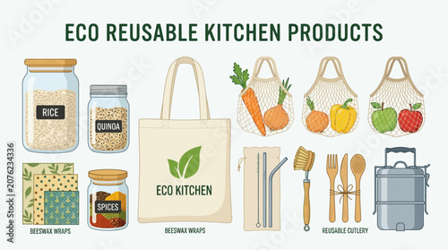 Reusable kitchen products on display with eco-friendly bags and containers