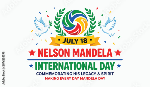 Cuadro en lienzo Nelson mandela international day logo with colorful design elements and text