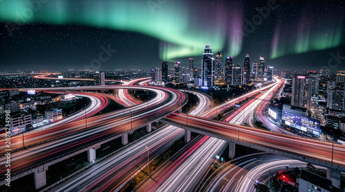 Futuristic City Skyline at Night with Aurora Borealis and Vibrant Highway Light Trails
