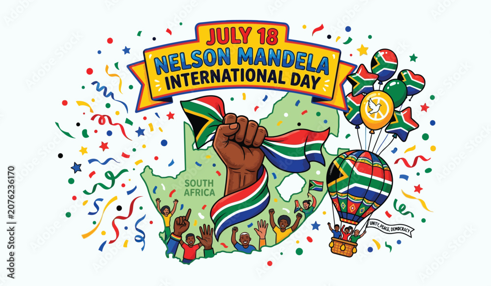 Obraz premium Vibrant nelson mandela international day illustration with south african flag and confetti