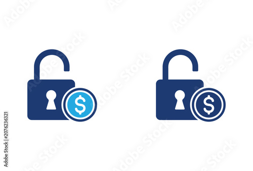 Financial security icon set featuring unlocked padlocks and dollar coins for banking and investment concepts.