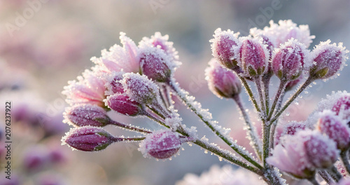 Konstfotografi Beautiful pink flower buds completely covered in thick winter morning frost