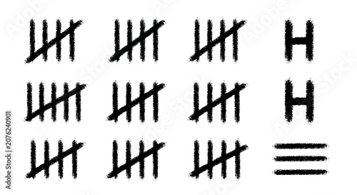 Hand drawn tally marks set on white background, black ink counting strokes for prison wall or survival tracking, sketch style score counter vector
