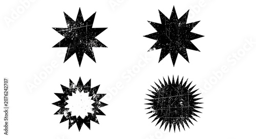 Obraz na płótnie Grunge starburst vector set, distressed black star shapes with textured finish,