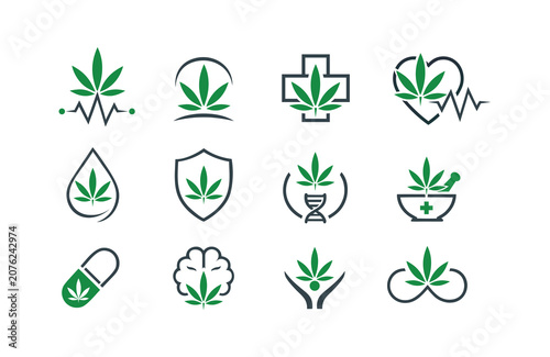 Medical Hemp Leaf Minimal Flat Vector Line Icon Set Graphic Design Template