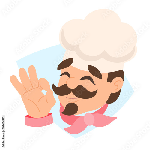 A mustachioed cook in a chef's uniform indicates OK with his hand.