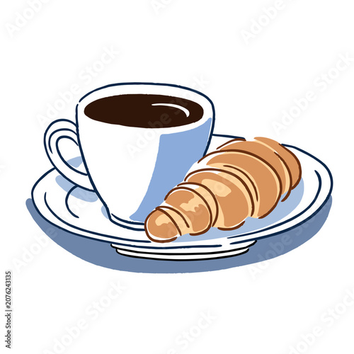Coffee cup with croissant drawing, perfect for invitations, cards, dinners and menu templates.