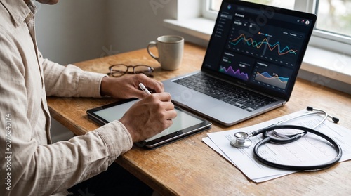 A healthcare professional working at a wooden desk, writing on a tablet with a stylus while reviewing a dark-themed analytics dashboard on a laptop. A stethoscope, medical documents with ECG readings.