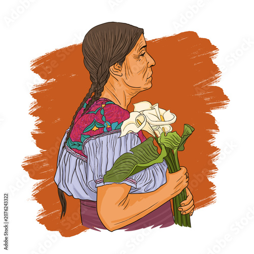 Native American old woman, Mayan heritage. Indigenous woman with flowers in her hands.