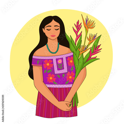 Indigenous people from Mexico or Guatemala wearing the traditional attire of their culture.
