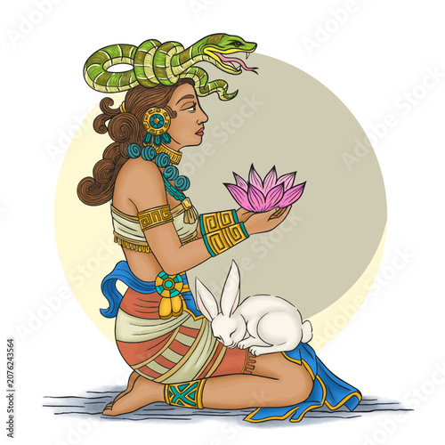 Mayan goddess of the moon, love, pregnancy, medicine, and textile work, known as the Rainbow Woman.
