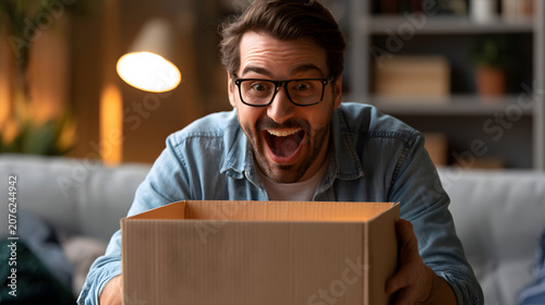 Man opened a large cardboard box with a smile and a surprise in the cozy interior. The concept of online shopping delivery, ecommerce experience, unboxing moment, and customer excitement are highlight