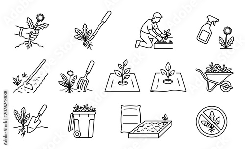 Premium Weed Removal and Garden Weeding Line Art Icon Set