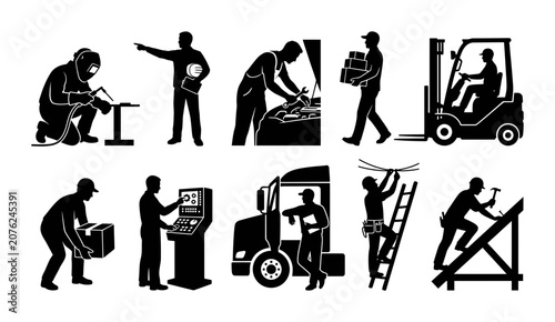 Konstfotografi Industrial Worker Silhouette Set Featuring Manual Labor Tasks