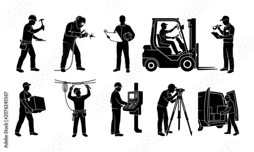 Schilderij op canvas Industrial Worker Silhouette Set Construction Job Site Tasks