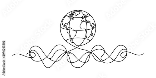 Continuous one line drawing of a globe with decorative abstract swirls.