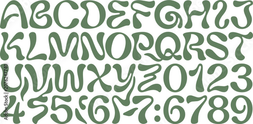 Retro psychedelic distorted bubble alphabet set, sage green wavy display typography