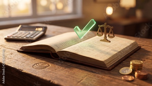 Open accounting ledger book with green check golden balance scale calculator and coins on wooden desk showing bookkeeping audit financial compliance tax record and business accountancy service