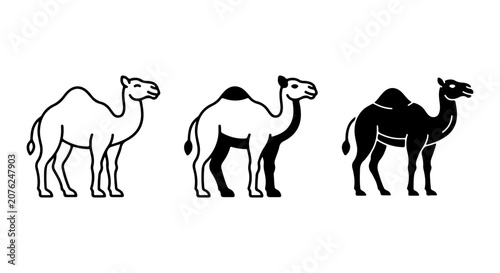 Fotografie Camel Icons Set, Dromedary Animal Vector Graphics, Desert Wildlife Silhouette Co