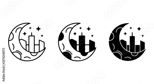 Foto Cityscape Moon Icons, Night Sky Vector Graphics, Urban Skyline Symbols, Celestia