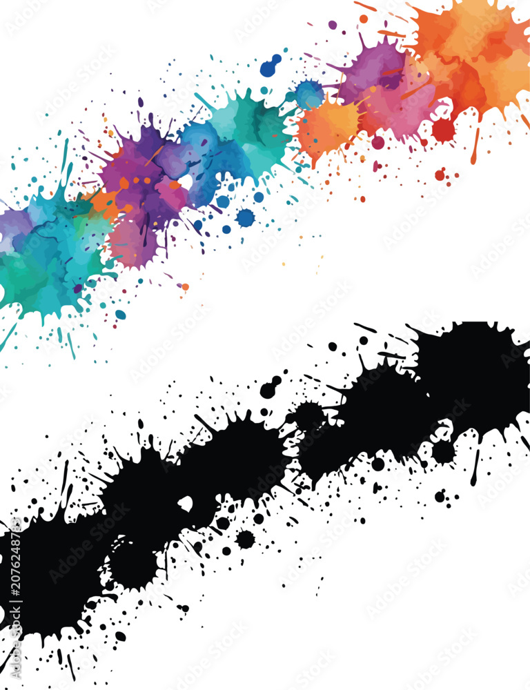 Fototapeta premium Colorful watercolor paint splatters and black ink splash silhouettes arranged diagonally with vibrant chaotic drips and messy artistic drops for your creative art.
