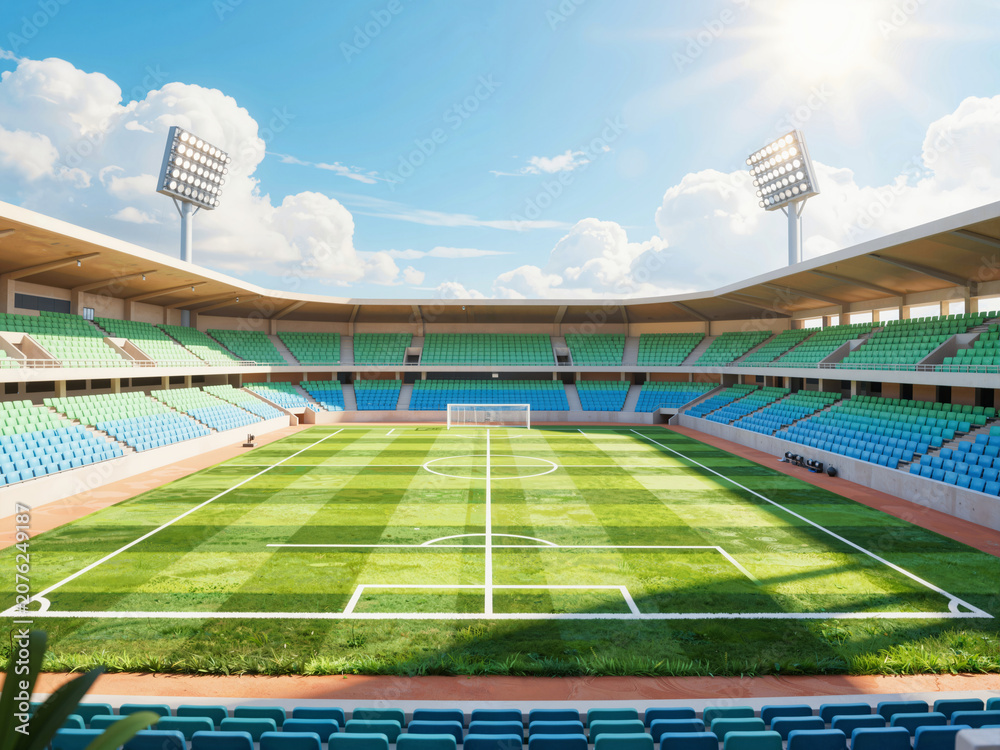 Naklejka premium Empty modern football stadium on sunny day