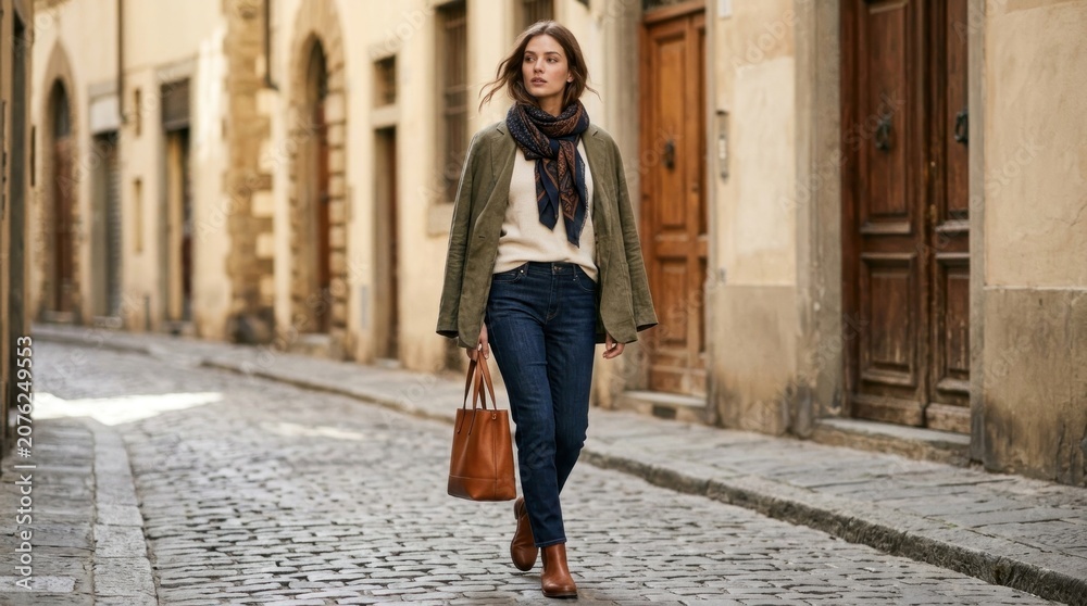 Obraz premium Woman walking on cobblestone city street.